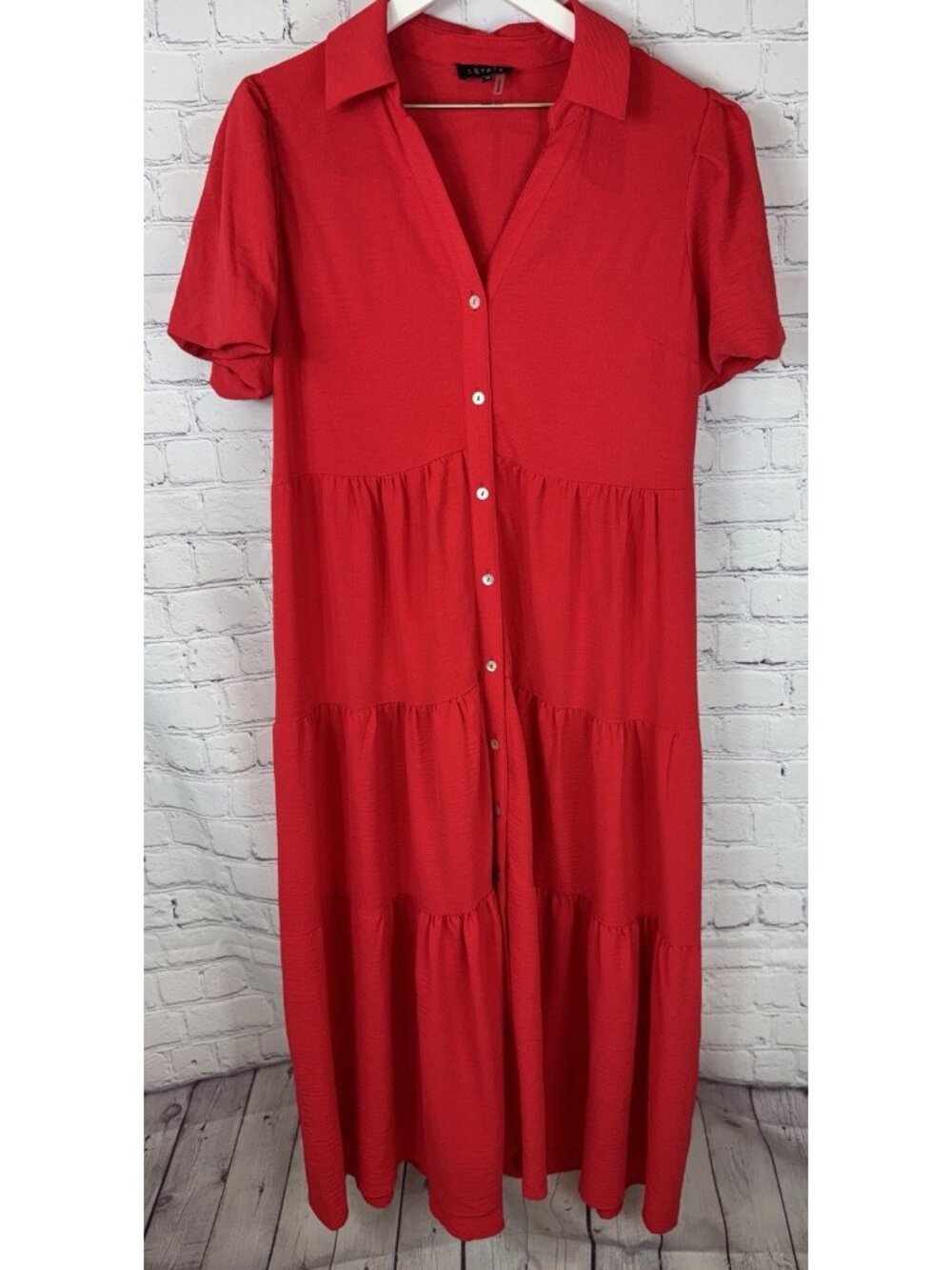 1. STATE Women’s Size Medium Red Puff Sleeve Tiered Midi Dress